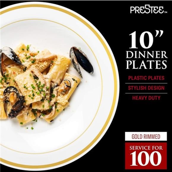 200pc Gold Plastic Plates -100Dinner Plates & 100 Salad Plates,White+Gold-Rimmed - Picture 4 of 7